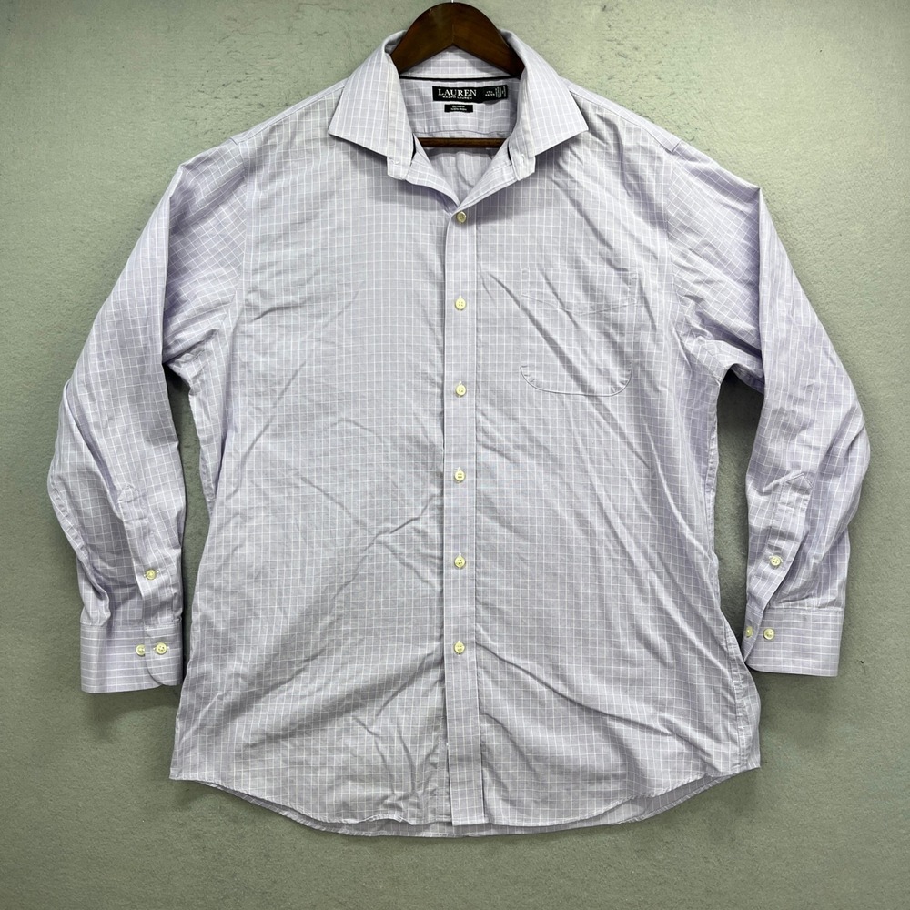 Lauren Ralph Lauren Button Up Shirt Men 17.5 34/35 Purple Slim Oxford Windowpane